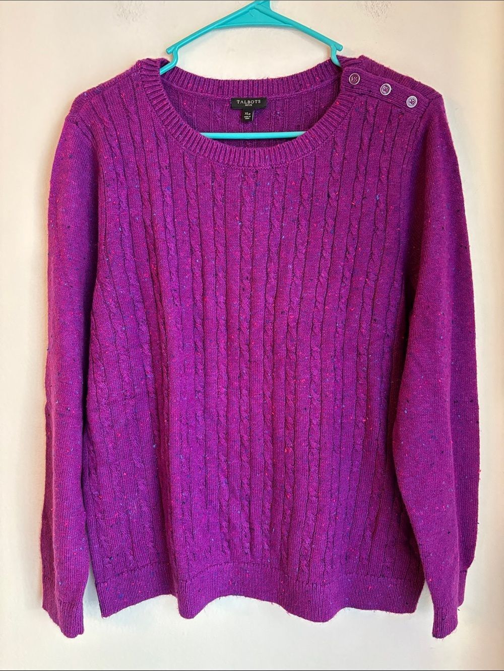 Talbots cable knit Bright Purple speckle Crewneck Sweater Buttons Women’s XLP